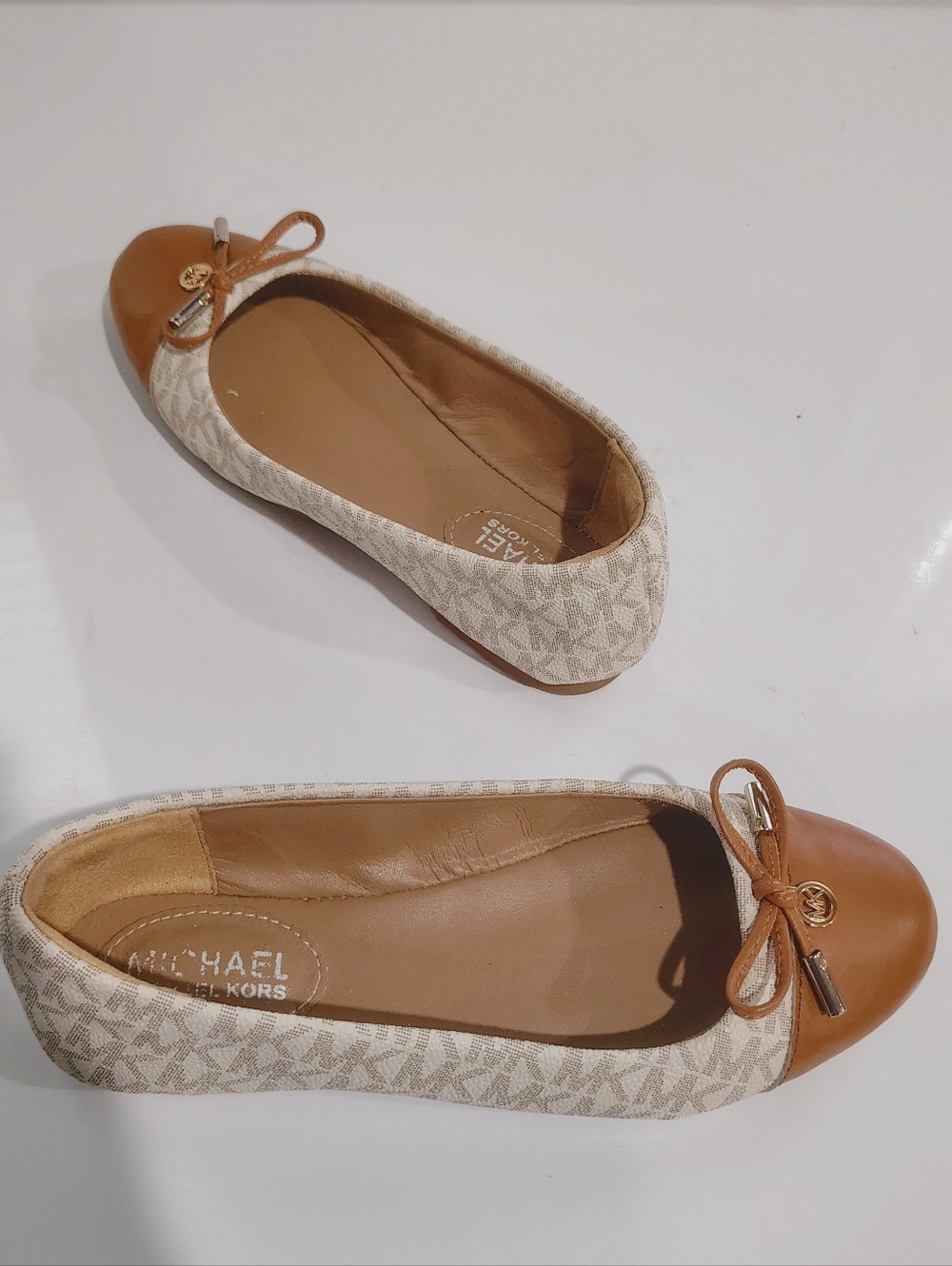 Michael Kors Beige Logo Canvas and Tan Leather Ballet Flats 6/36